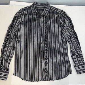 APRICOTTREE Cross On Back Button‎ Up Shirt Mens SXL Striped Gray & Black